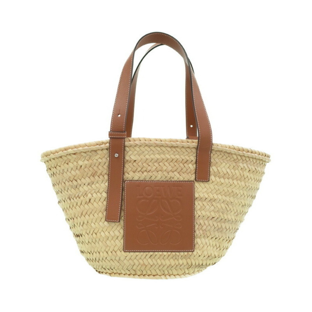 Loewe Paula Ibiza Basket Bag woven palm leaf calfskin leather anagram Tan
